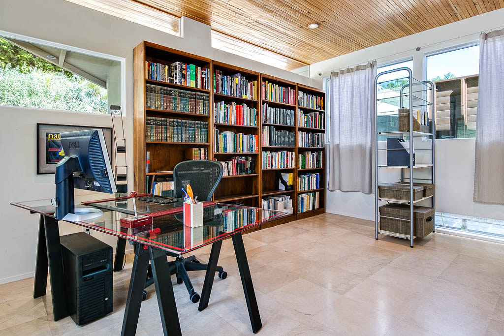 Modern office interior build-out with wood ceiling