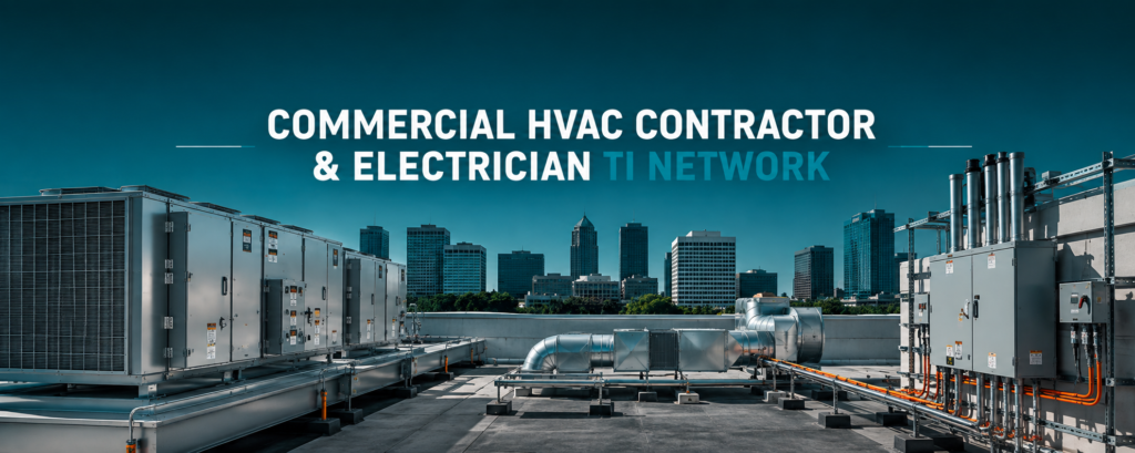 Commercial HVAC contractor and electrician coordinating tenant improvement mechanical and electrical work