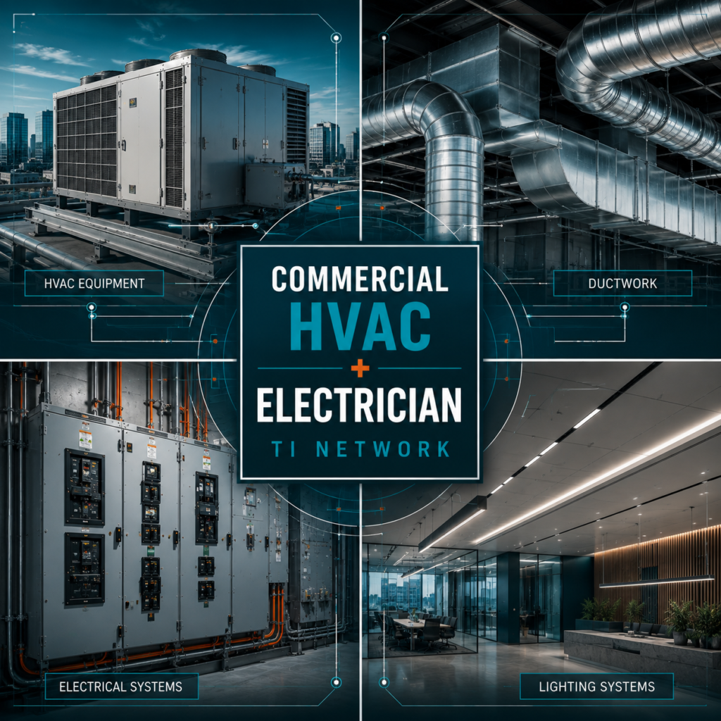 Commercial electrician installing power and lighting during an office build-out