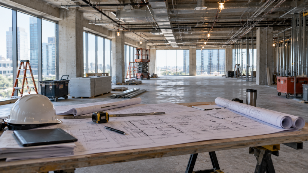 Construction drawings and a hard hat on a job-site table during interior framing