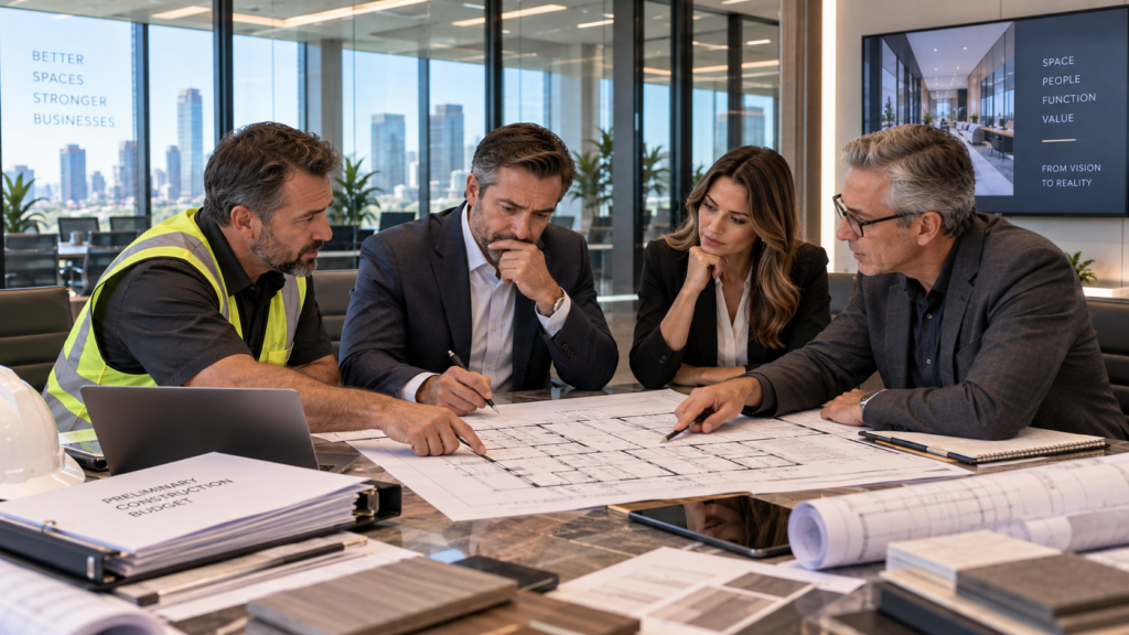 Project team reviewing tenant improvement drawings with a general contractor