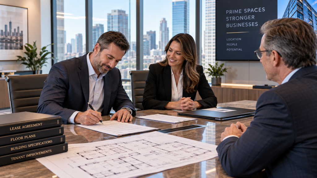 Business leaders reviewing floor plans for a new commercial office space
