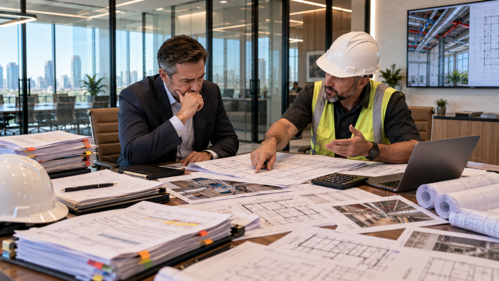 General contractor and client reviewing construction documents for an office build-out