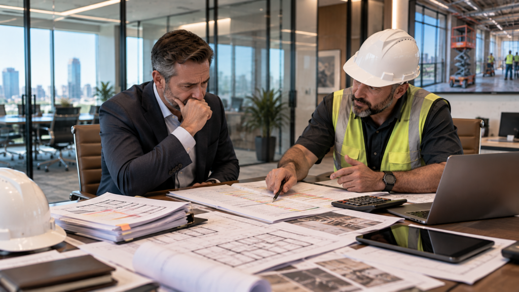 Contractor in a hard hat reviewing build-out plans with a business owner