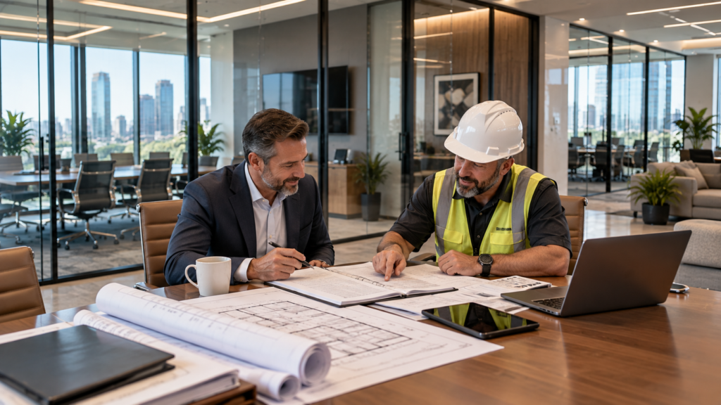 Superintendent and client reviewing tenant improvement plans at a conference table