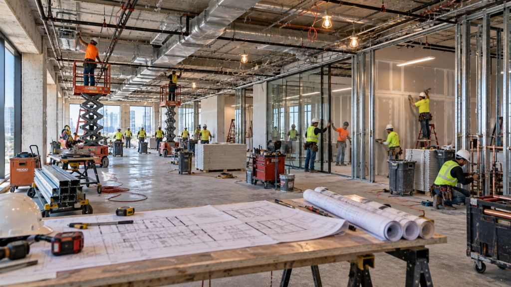 Crew framing metal stud partitions during a commercial office tenant improvement