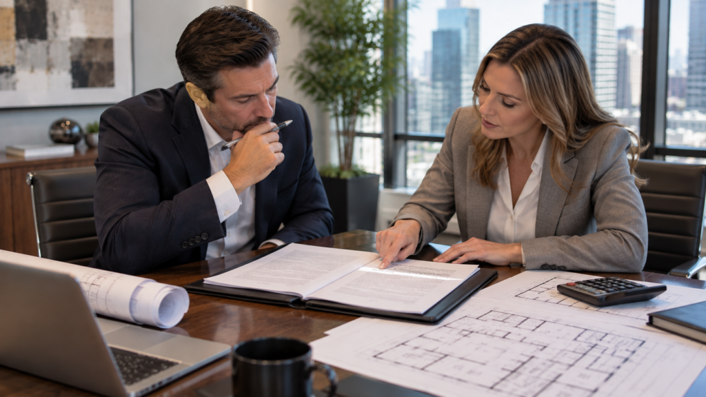 Business owners reviewing a commercial office floor plan