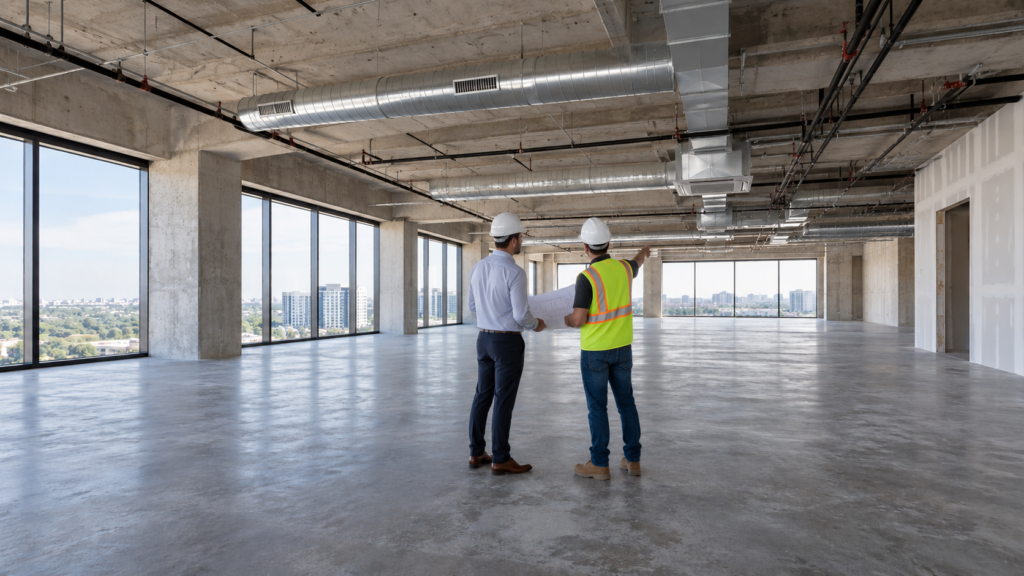 Contractor and client walking an empty office floor with exposed ductwork
