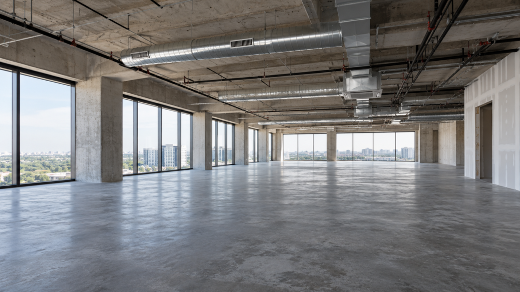 Vacant commercial office shell with exposed ductwork and a concrete slab floor