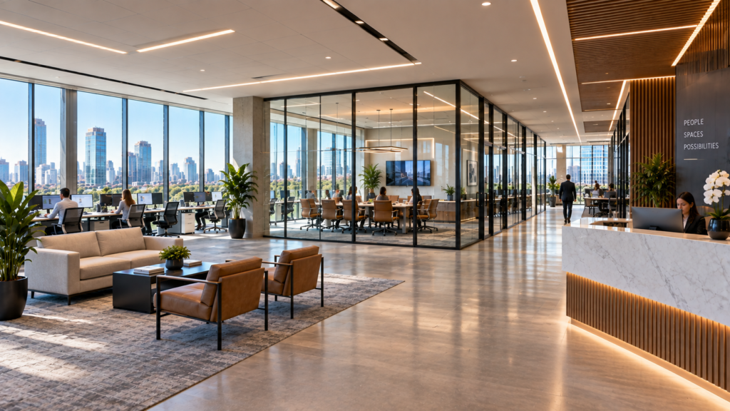 Finished office interior with glass conference rooms and lounge seating