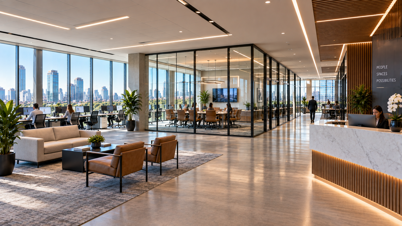 Finished office interior with glass conference rooms and lounge seating