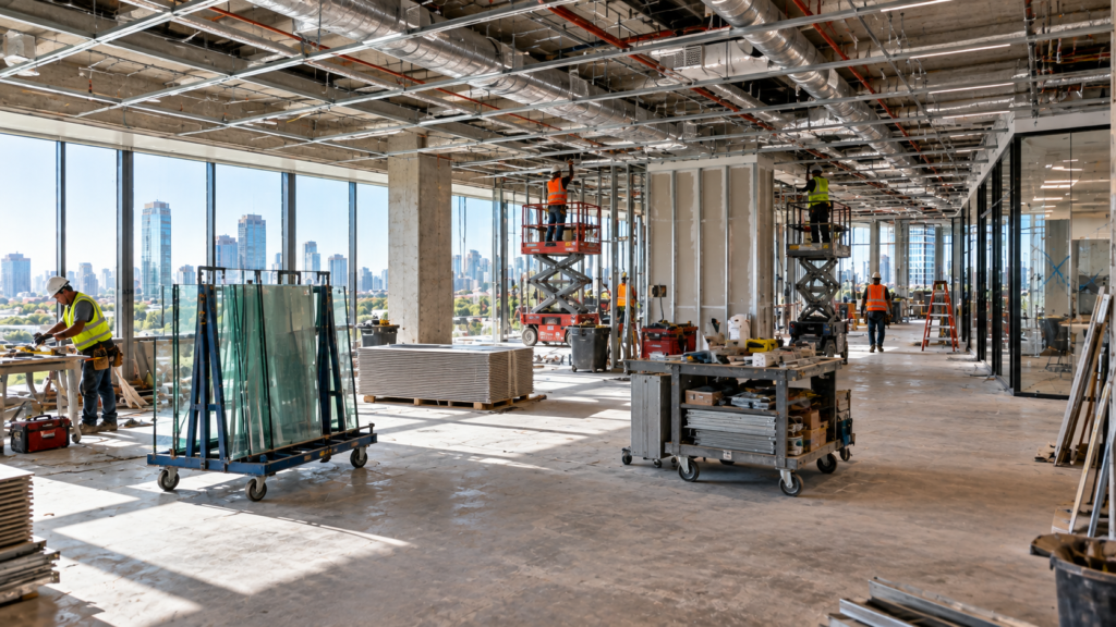 Glass partition panels and scissor lifts on an office floor during interior construction