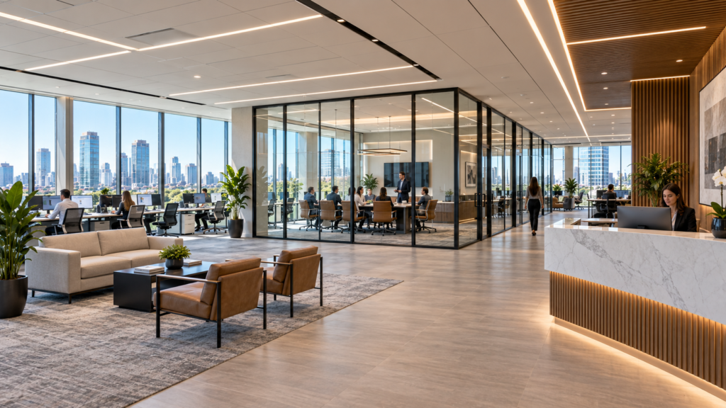 Modern office reception with a custom millwork desk and glass-front offices