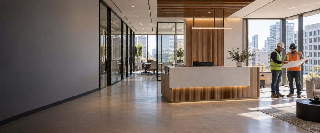 Glass office walls in a finished space